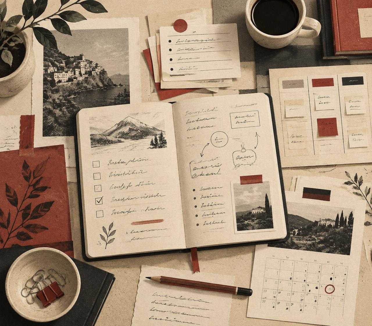 Flat-lay of a project notebook with task lists, index cards, a kanban grid and a calendar page